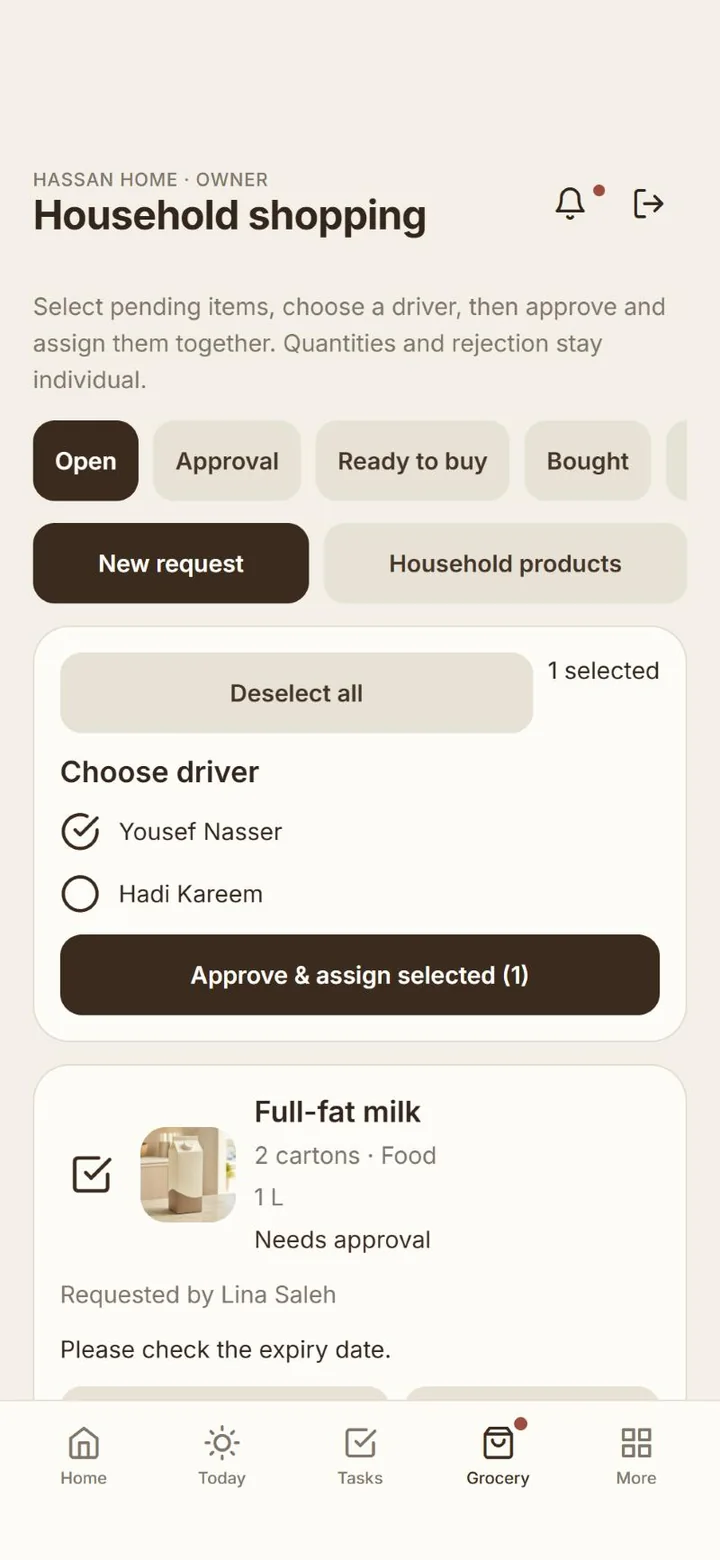 Household shopping screen with a pending milk request selected, a driver chosen and the Approve and assign button