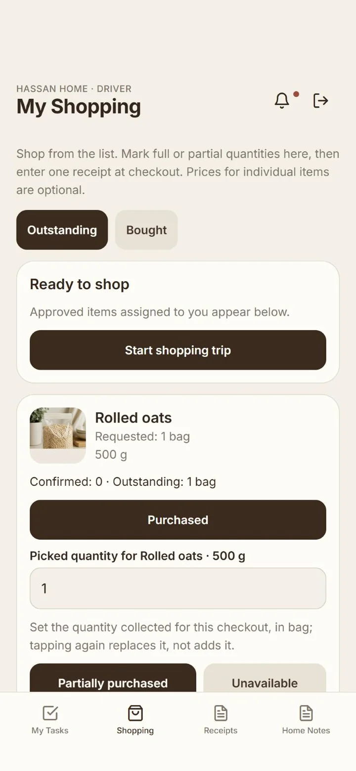 Driver's shopping list with a photographed item and buttons for purchased, partially purchased and unavailable