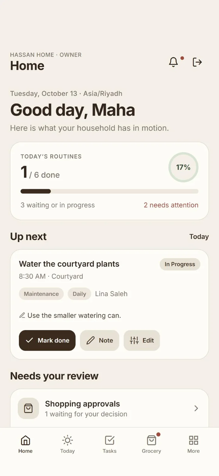 Owner's home screen with today's routines, the next task and items waiting for review