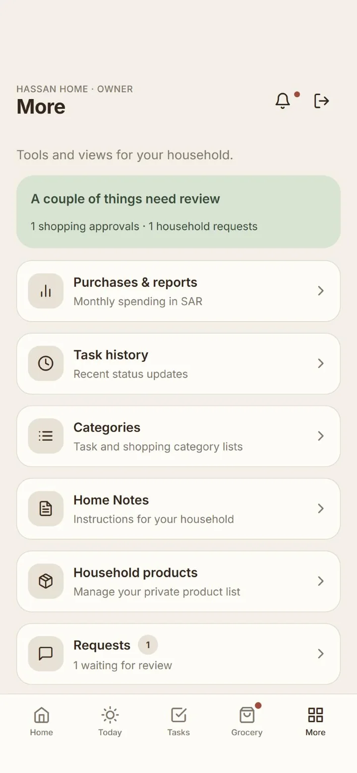 More screen with purchases and reports, task history, categories, home notes, products and requests