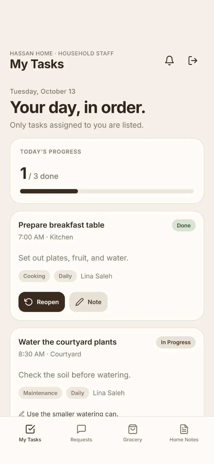 Household staff member's task list titled Your day, in order, with today's progress